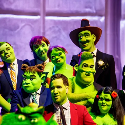 Prompt: Photograph of the Tally Hall members on-stage with color-coordinated ties, they are all wearing Shrek costumes, photo, f2.8, 50mm