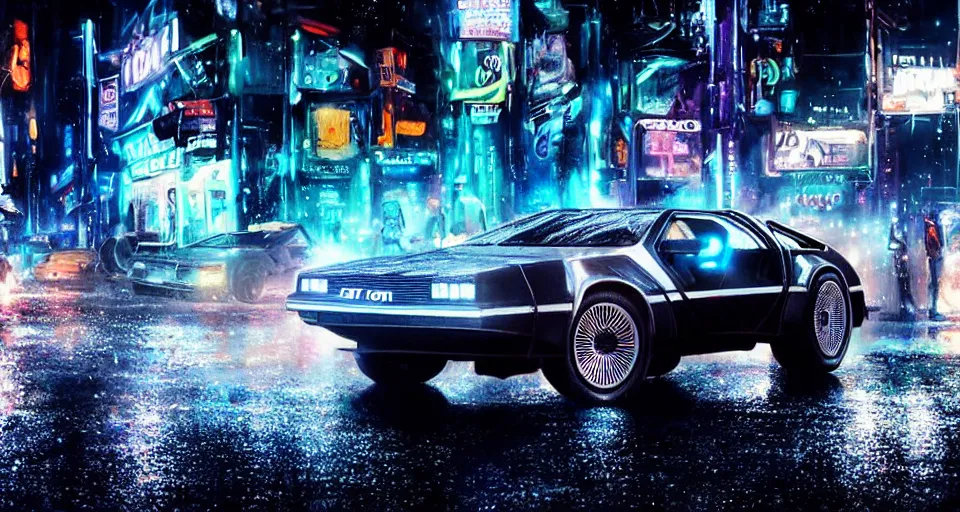 Image similar to a 2 8 mm closeup photo of a tela tron neon delorean back to the future car on wet city street at night, intricate, hyper detailed, smooth, high contrast, neon, volumetric lighting, octane, moebius, greg rutkowski, blade runner, ripley scott, mad max, cindmatic