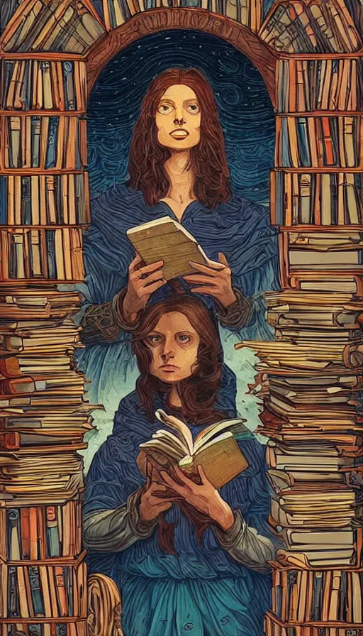 Image similar to The oracle of readers surrounded by ancient books, italian futurism, Dan Mumford, da vinci, Josan Gonzalez