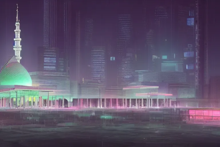 Prompt: exterior view of istiqlal mosque tokyo at night, promotional architectural photo, but in setting of japanese cyberpunk, neon tones, cgsociety, artstation