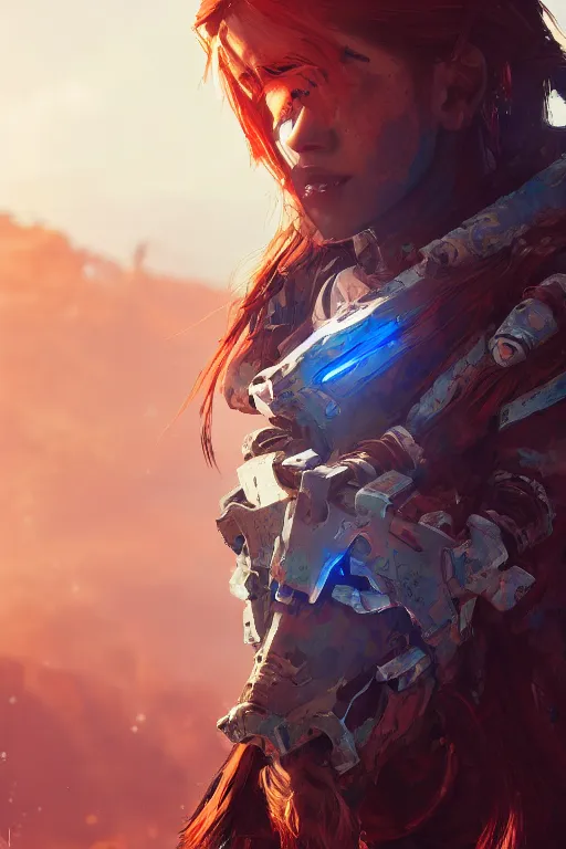 Image similar to combination suit armor aloy horizon forbidden west horizon zero dawn radiating a glowing aura global illumination ray tracing hdr fanart arstation by ian pesty and alena aenami artworks in 4 k tribal robot ninja mask helmet backpack