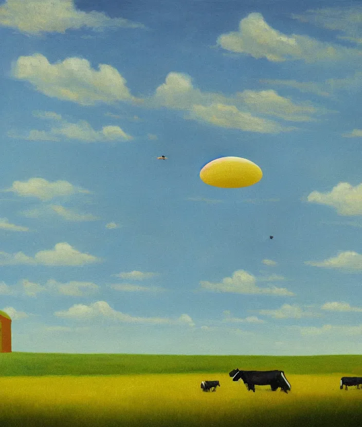 Prompt: a highly detailed painting of a ufo over a meadow, one cow is being abducted by an ufo, ufo has green light, very fine brush strokes, baby blue sky with aesthetic clouds, in the style of edward hopper, 4 k,