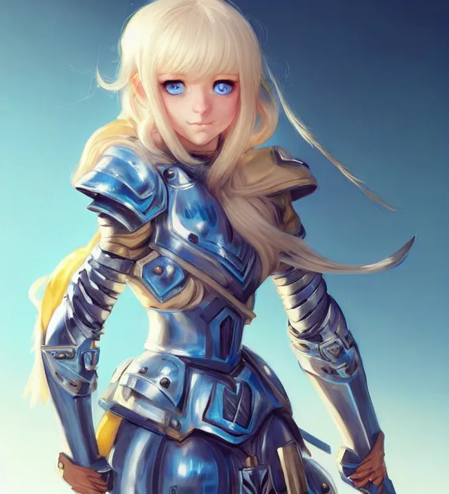 Image similar to character concept art of a cute german woman with blond hair and blue eyes, wearing plastic armor. lovely - fine - face, pretty face, key visual, realistic shaded perfect face, fine details by wlop, rossdraws, james jean, andrei riabovitchev, marc simonetti, sakimichan, trending on artstation