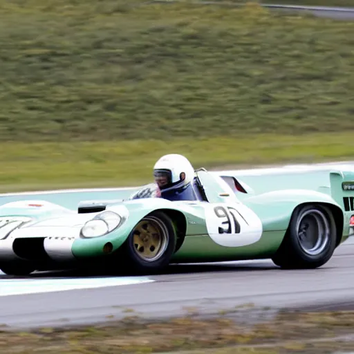 Prompt: a 1 9 6 9 lola t 1 6 3 driving on a racetrack