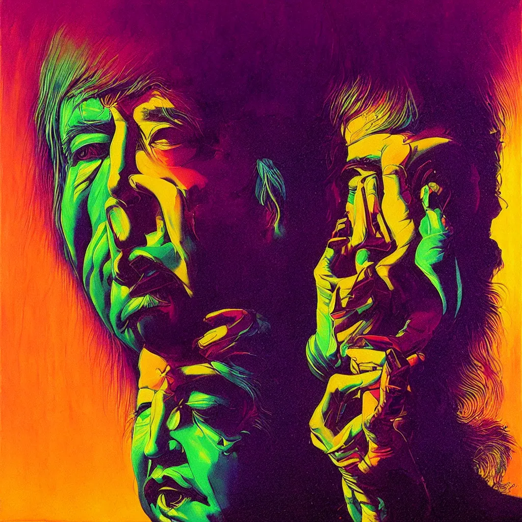 Image similar to psychedelic bright portrait of bill hicks smoking in the style of hans giger, alex grey, lynchian atmosphere, film noir, concept art, art by kuvshinov ilya and zdislav beksinski and wayne barlowe, vivid colors, yellow, purple, red, black, blue, green, orange, pink