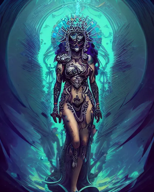 Image similar to goddess of death with full body tattoos and black feather armor, by petros afshar, ross tran, peter mohrbacher, tom whalen, underwater psychedelic smoke, highly detailed, intricate, elaborate, illustration, sharp focus, featured on artstation