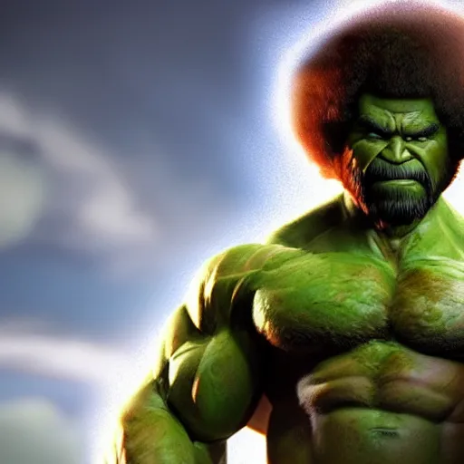 Image similar to photomanipulation of BOB ROSS as hulk with human flesh, marvel, fully detailed, volumetric lightening, octane render, 8k, masterpiece, epic composition