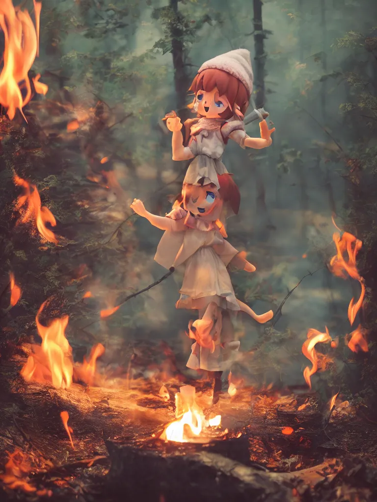 Image similar to cute fumo plush pyromaniac girl giddily starting a fire in the forest, campfire, flames, warm glow and volumetric smoke vortices, composition, vignette, vray