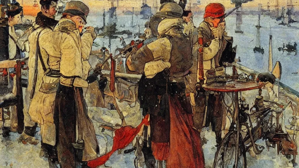 Prompt: russian revolution dieselpunk 1 9 1 0, dusk, drama, painting by carl larsson