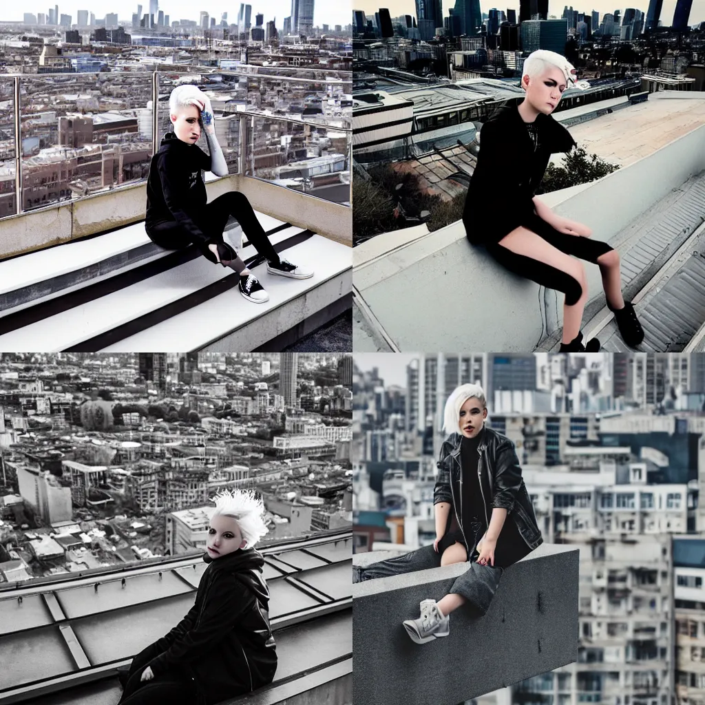 Prompt: young woman with short white hair and grey eyes. She is apathetic. She wears punk clothing. She is sitting on a rooftop ledge. The ledge overlooks a modern city skyline. Award winning album art.