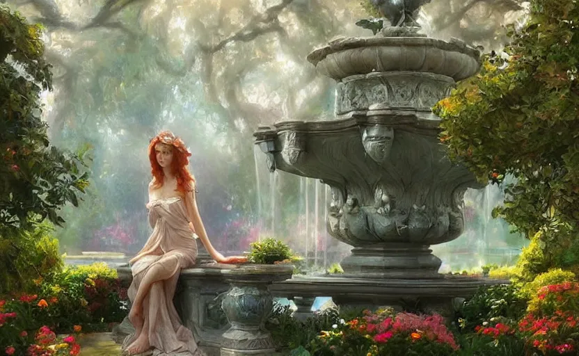 Image similar to The kneeling statue of a woman in a beautiful garden, next to a fountain and a mystical palace, and all this in a foggy and mysterious atmosphere. Fantasy and concept art by Konstantin Razumov.