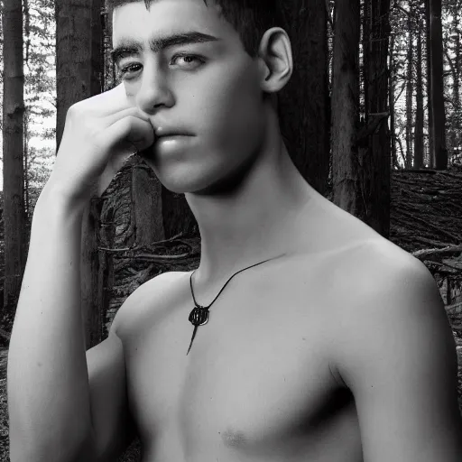 Image similar to male teenager, around 1 9 years old, with scar on his face. wearing chain necklace and loincloth in deep and eerie forest