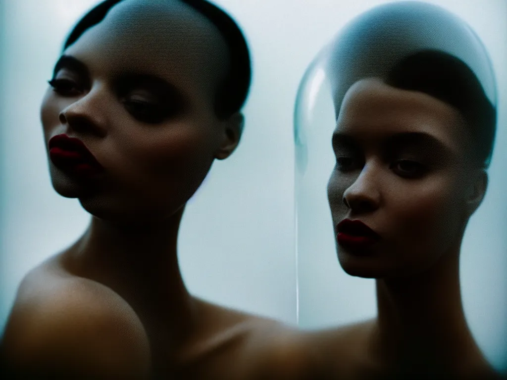 Prompt: cinestill 5 0 d photo portrait of a beautiful hybrid woman in style of tim walker, ebony body intricate detailed, head inside a bubble of glass, 5 0 mm lens, f 1. 4, sharp focus, ethereal, emotionally evoking, head in focus, bokeh volumetric lighting, tonal colors outdoor