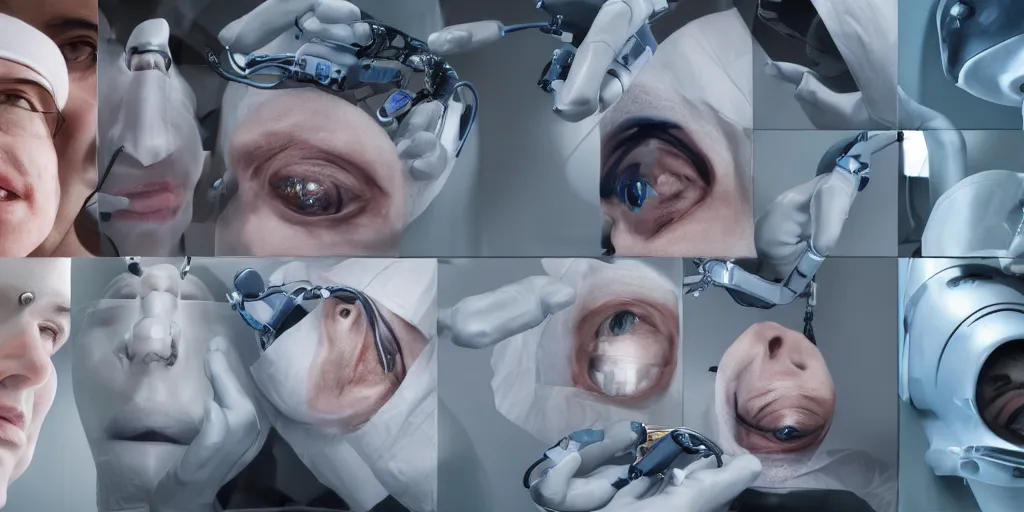 Image similar to a of a face transplant in an operating room with robotic surgeons , photorealistic,by Wlop,4k resolution