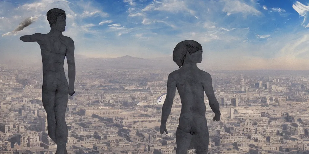 Image similar to a solar eclipse in the sky above, the city of ancient babylon below in the distance, the city is on fire, full-body silhouette of a single observer in the foreground, the figure is an ancient greek athletic man, the outlines of the figure are soft focus and hazy, thick impasto paint, double exposure, lens flare