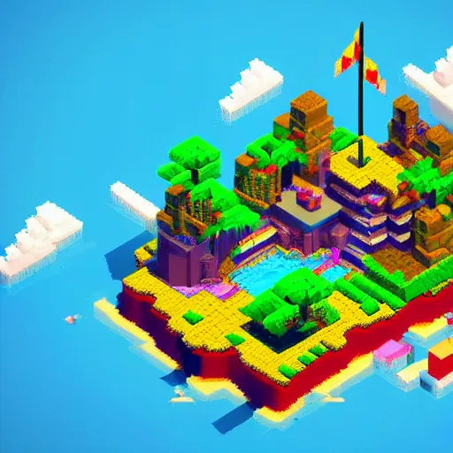 Image similar to Isometric pixel art 3D Fantasy Island, very realistic, no background, very colourful, cinematic lighting, cgi render, trending on Artstation