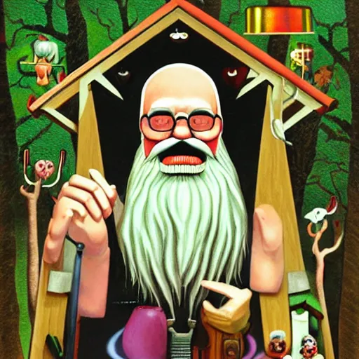 Image similar to old man white beard playing a synthesizer in a tree house, notes and clefs listening , lowbrow surrealistic, in the style of Mark Ryden,