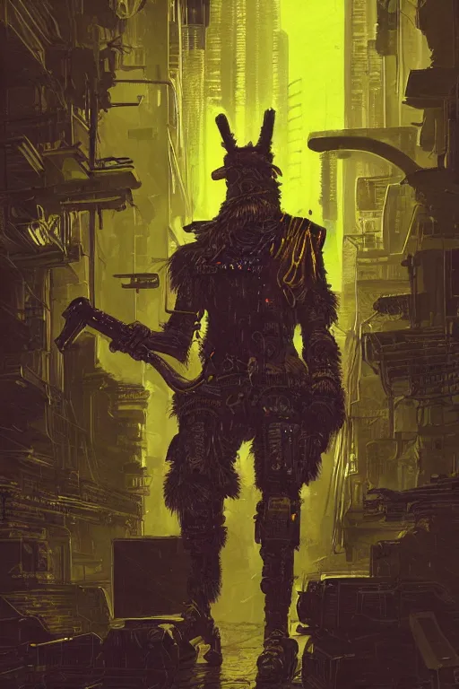 Prompt: Cyberpunk Anthro Llama Warrior, gritty, neon, castleton yellow highlights, detailed intricate ink illustration, Llama, dark atmosphere, detailed illustration, hd, 4k, digital art, overdetailed art, concept art, by Greg Rutkowski, Llama, Trending on artstation, deviantart, watched, faved, read