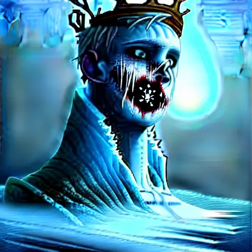Image similar to a frozen zombie man with a crown, eyes are glowing, broken sailing ship boat in the background, is at dawn and bluish, fantasy, intricate, elegant, highly detailed, digital painting, artstation, concept art, matte, sharp focus, illustration, art by aenaluck and roberto ferri and greg rutkowski, epic