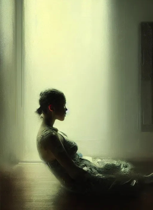 Prompt: a portrait of beautiful woman sitting in the floor, inside a modern apartment, intricate oil painting, hyperdetailed, misty, ethereal, dramatic lighting, 8 k, by jeremy mann and ruan jia