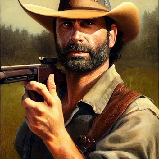 Prompt: ultra realistic portrait painting of rick grimes as a western outlaw, art by michael sowa, 4 k, ultra realistic, highly detailed, epic lighting