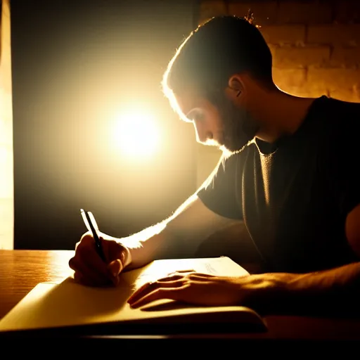 Image similar to a photograph of a man writing the novel of his life story, award - winning photograph, studio lighting, dramatic colors, striking lighting, perfect composition