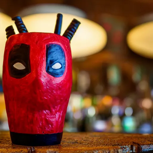 Image similar to a closeup photorealistic photograph of a deadpool style tiki mug sitting at a trader vic's beach bar featuring the face of deadpool. tiki party. bright scene. fine detail. this 4 k hd image is trending on artstation, featured on behance, well - rendered, extra crisp, features intricate detail, epic composition and the style of unreal engine.