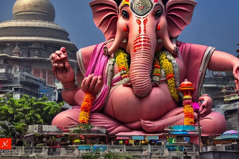 Image similar to beautiful futuristic new delhi, sharp sci - fi ganesha!! building, kalighat flowers, highly detailed, stephen shore & john j. park, cinematic morning light, wide shot, ground angle, uhd 8 k, sharp focus