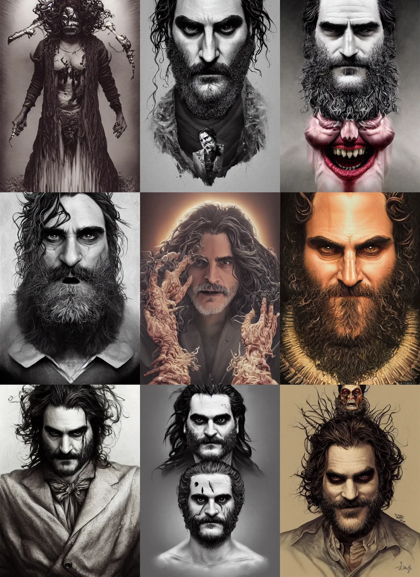 Prompt: a hyper detailed full face portrait of joaquin phoenix as the king of puppets, horror, sideshow figurines, diablo 4 lilith, by yusuke murata, by hiroya oku, by dorian cleavenger, by tom bagshaw, by zdzisław beksinski, trending on artstation