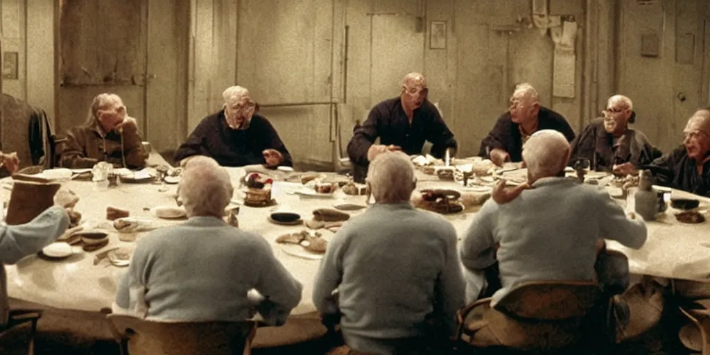 Prompt: film still of wrinkly old men wearing surgical masks sitting at a round table with a whale on top, directed by fellini, vibrant colours