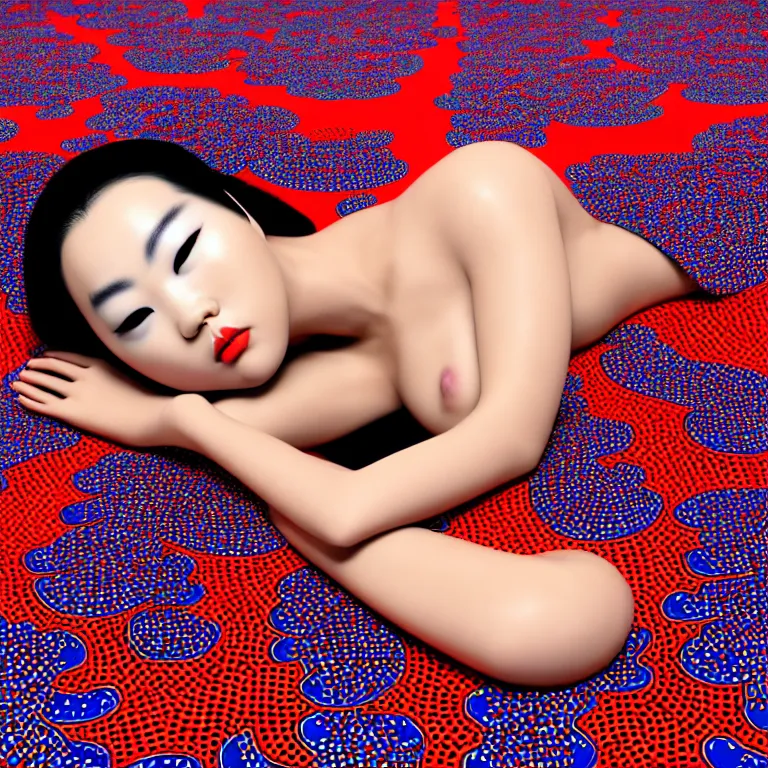 Prompt: realistic detailed image of a geisha laying down in a padded room, 8 k conjuring psychedelic background, part by yayoi kusama, part by alex gray, part by ross tran, part by james jean, ultra realistic, highly detailed, life like face, detailed body, 8 k, octane render, trending on artstation, very cohesive, masterpiece
