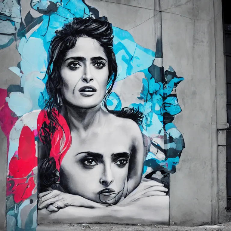 Image similar to Street-art mid-short portrait of Salma Hayek in style of Etam Cru, photorealism, Sony a7R