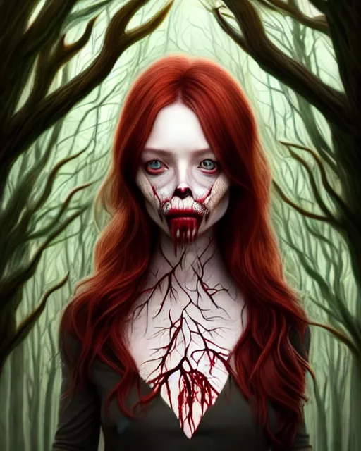 Image similar to surrounded by trees, full body realistic character concept, gorgeous Kacey Rohl, red hair, small freckles, Wendigo creature antlers deer skull face, symmetrical face, symmetrical eyes, covered in blood, dark forest, trees, shorter neck, cinematic lighting, Joshua Middleton and artgerm, fear anxiety terror