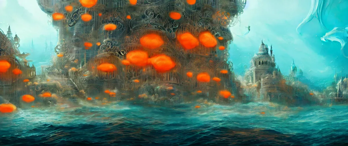 Prompt: hyperrealistic hyper detailed underwater neo-rococo city of atlantis surrounded by giant pearlescent jellyfish matte painting concept art maciej kuciara gustave courbet cinematic soft orange lighting low angle hd 8k sharp shallow depth of field