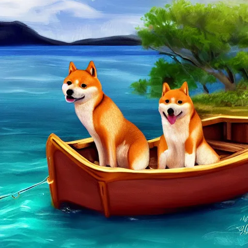 Image similar to a cute shiba inu steering a boat, endless sea, digital painting, 4 k, realistic