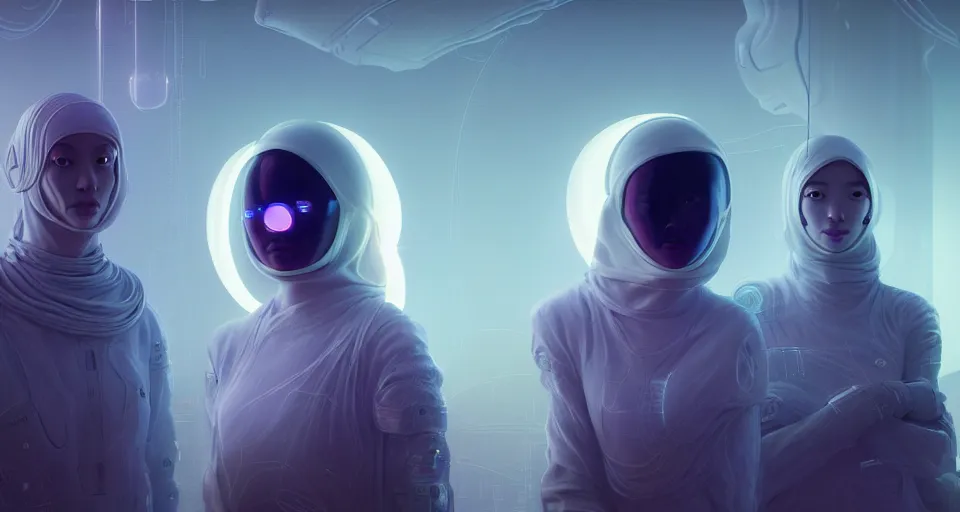 Prompt: portrait of yael shelbia and kang seul - gi, venus squid astronaut, burka, symetrical facial, white hair, intricate design details. cyberpunk, touareg, by ruan jia and beeple. smooth gradients, deep space.