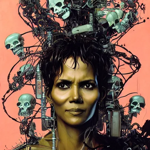 Prompt: halle berry as a cyberpunk noir detective, skulls, wires cybernetic implants, machine noir grimcore, in the style of adrian ghenie esao andrews jenny saville surrealism dark art by james jean takato yamamoto and by ashley wood and mike mignola