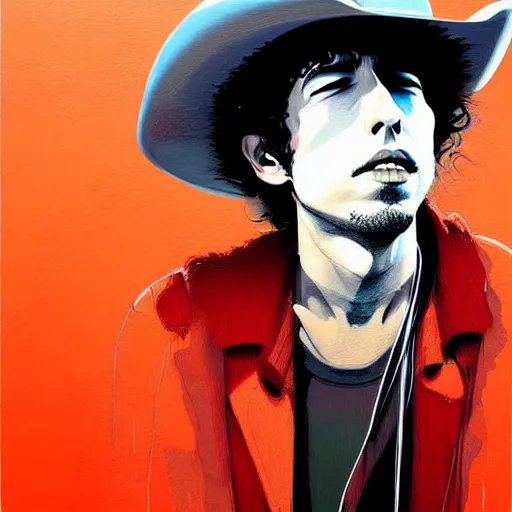 Prompt: an ultradetailed painting of young bob dylan wearing a cowboy hat and smirking by conrad roset, greg rutkowski and makoto shinkai trending on artstation