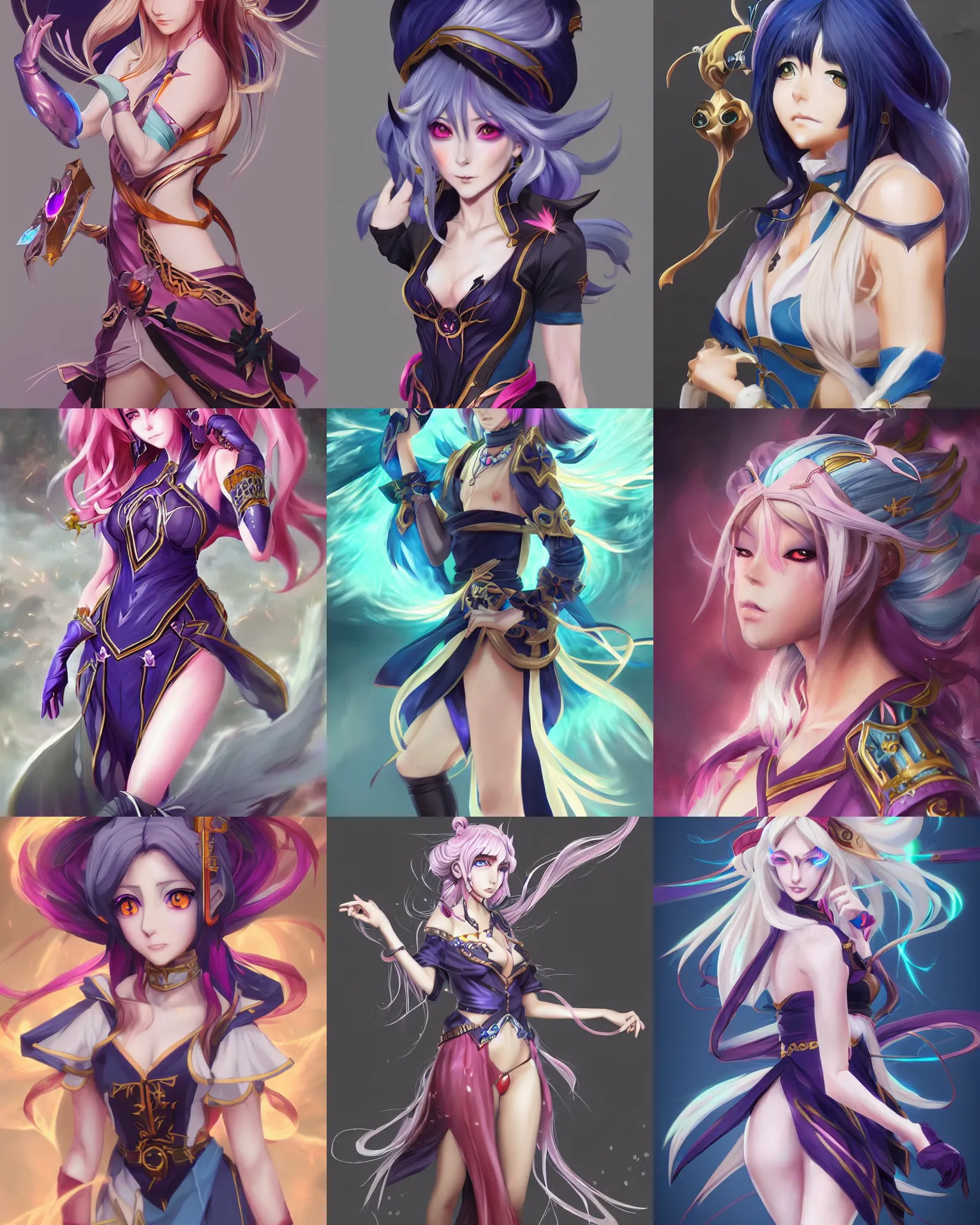 Prompt: A beautiful anime-style sorceress, official Genshin Impact character design, official League of Legends character design, anime, kawaii, photorealism, by Artgerm and Sakimichan, professional character designer, trending on Artstation, deviantart, highly detailed, cgsociety