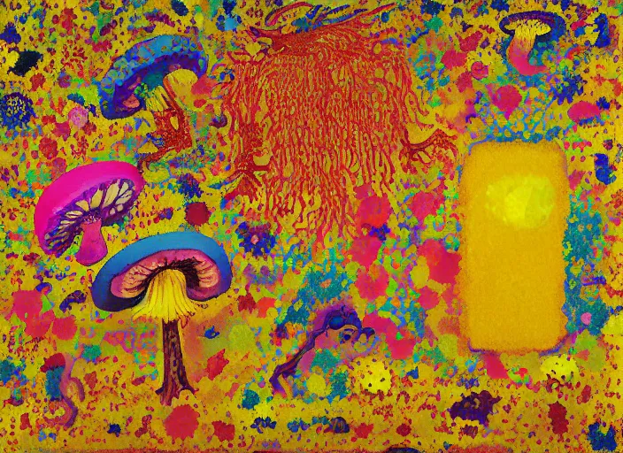 Prompt: pixel decollage painting golden armor alien zombie horseman riding on a crystal bone dragon broken rainbow diamond maggot horse in a blossoming meadow full of colorful mushrooms and golden foil toad blobs in a golden sunset, distant forest horizon, painted by Mark Rothko, Helen Frankenthaler, Danny Fox and Hilma af Klint, pixelated, neo expressionism, semi naive, rich deep colors, cinematic, color field painting, cave painting, voxel, pop art look, outsider art, minimalistic. Barnett Newman painting, part by Philip Guston and Frank Stella art by Adrian Ghenie, 8k, extreme detail, intricate detail, masterpiece