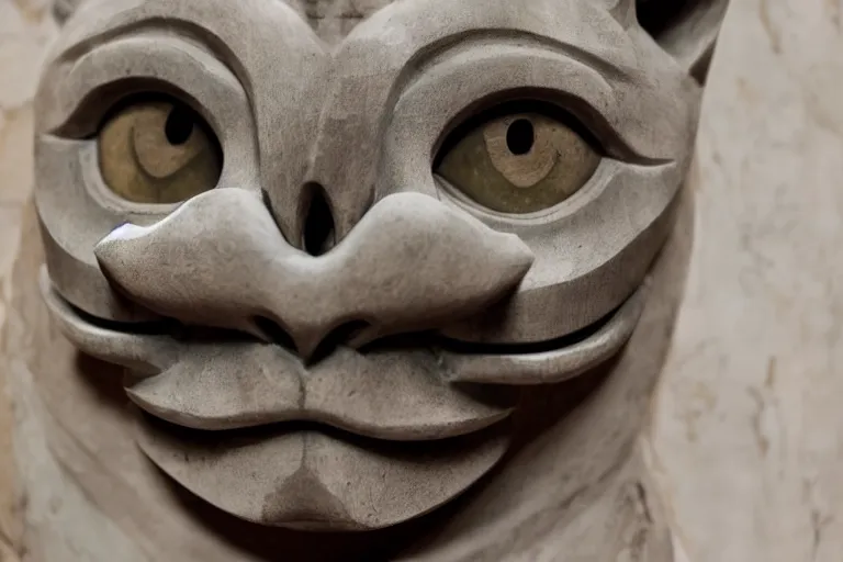 Image similar to a cinematic view of a ornated cat statue made with marble using oni wooden mask