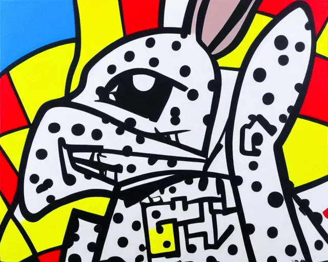 Image similar to a small black and white rabbit, fine art by romero britto