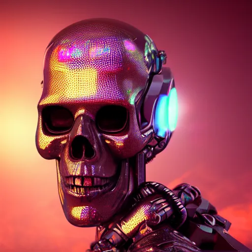 Image similar to a cyborg skull with holographic eyes. 3D octane render.