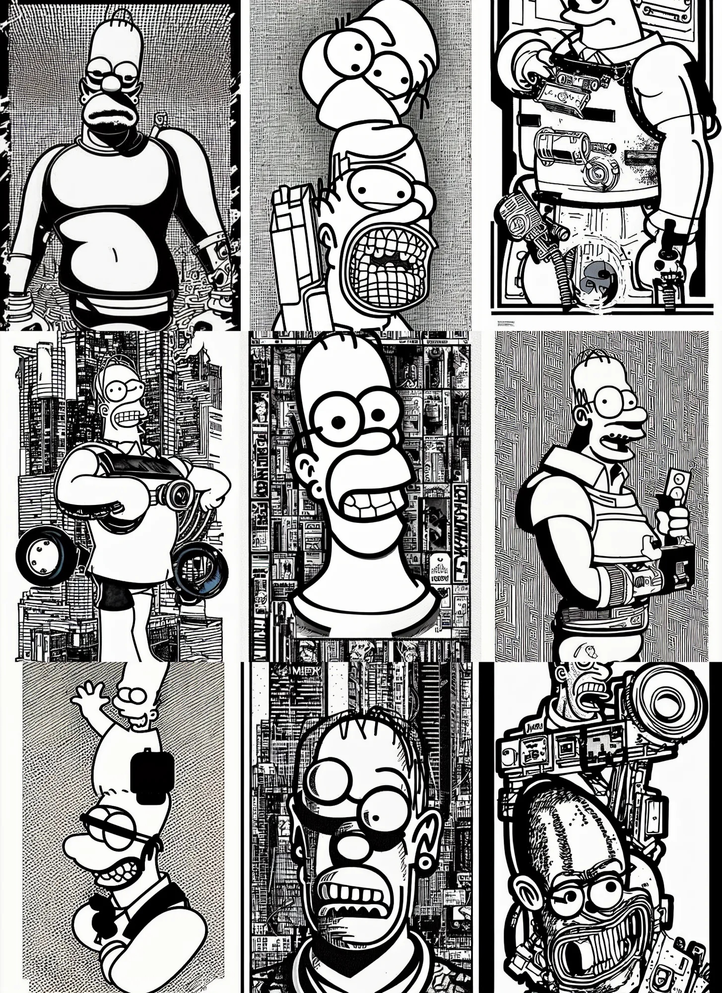 Prompt: homer simpson, portrait, cyberpunk 2 0 2 0 manual, by steampoweredmikej, by tim bradstreet, inktober, ink drawing, black and white, coloring pages, manga, highly detailed