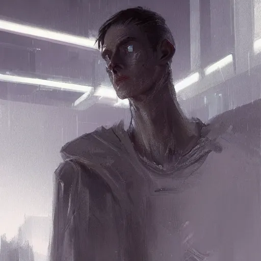 Image similar to concept art by greg rutkowski, a very tall and slender young man, dressed in patient clothes and an open sweatshirt, wandering through the desolate, futuristic, brutalist interior of a space colony, depressing atmosphere, low lighting, scifi, highly detailed portrait, digital painting, artstation, concept art, smooth, sharp foccus ilustration, artstation hq