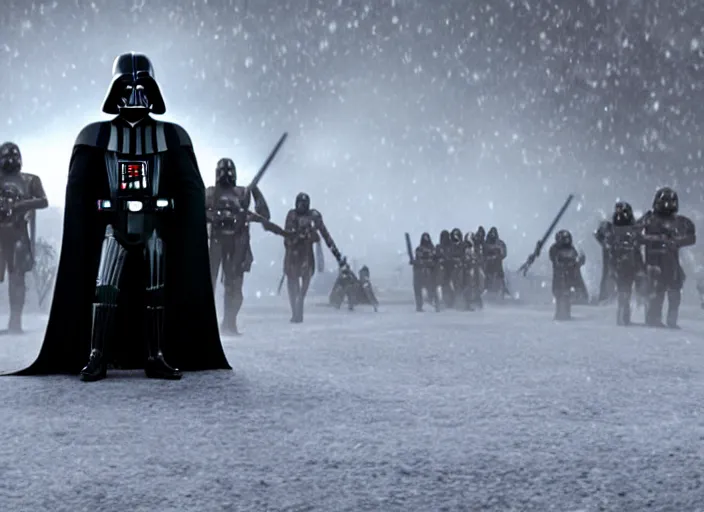 Image similar to film still of Darth Vader goes to the mall at Christmas time in the new Star Wars movie, 4k