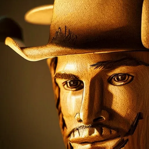 Image similar to a cowboy made out of wood, realistic, detailed,