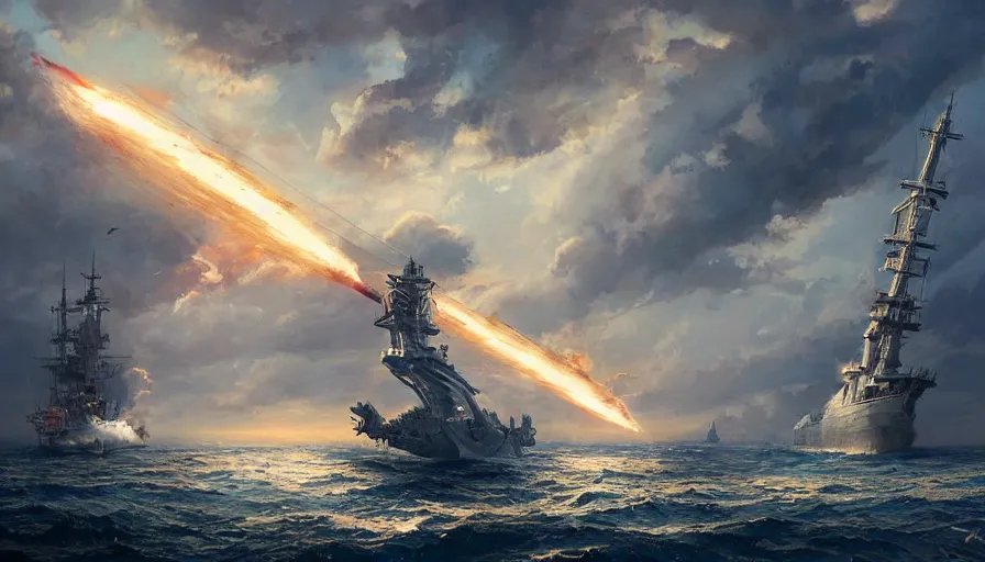 Image similar to dragon breathing fire in the sky above a single navy sailing ship by greg rutkowski