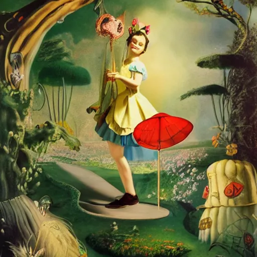 Prompt: portrait of alice in wonderland who looks like a young judy garland by salvador dali, detailed matte painting, 8 k resolution