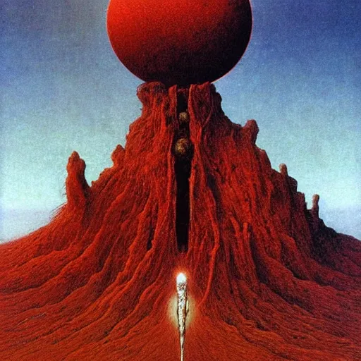 Prompt: The Earth being destroyed | red sun | a god standing on the earth | style of beksinski